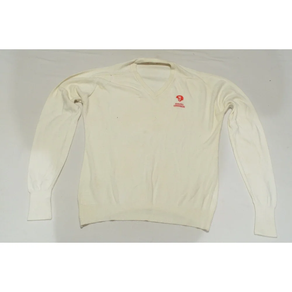 Vintage‎ 1980sNebraska Cornhuskers Football White Acrylic V-Neck Sweater